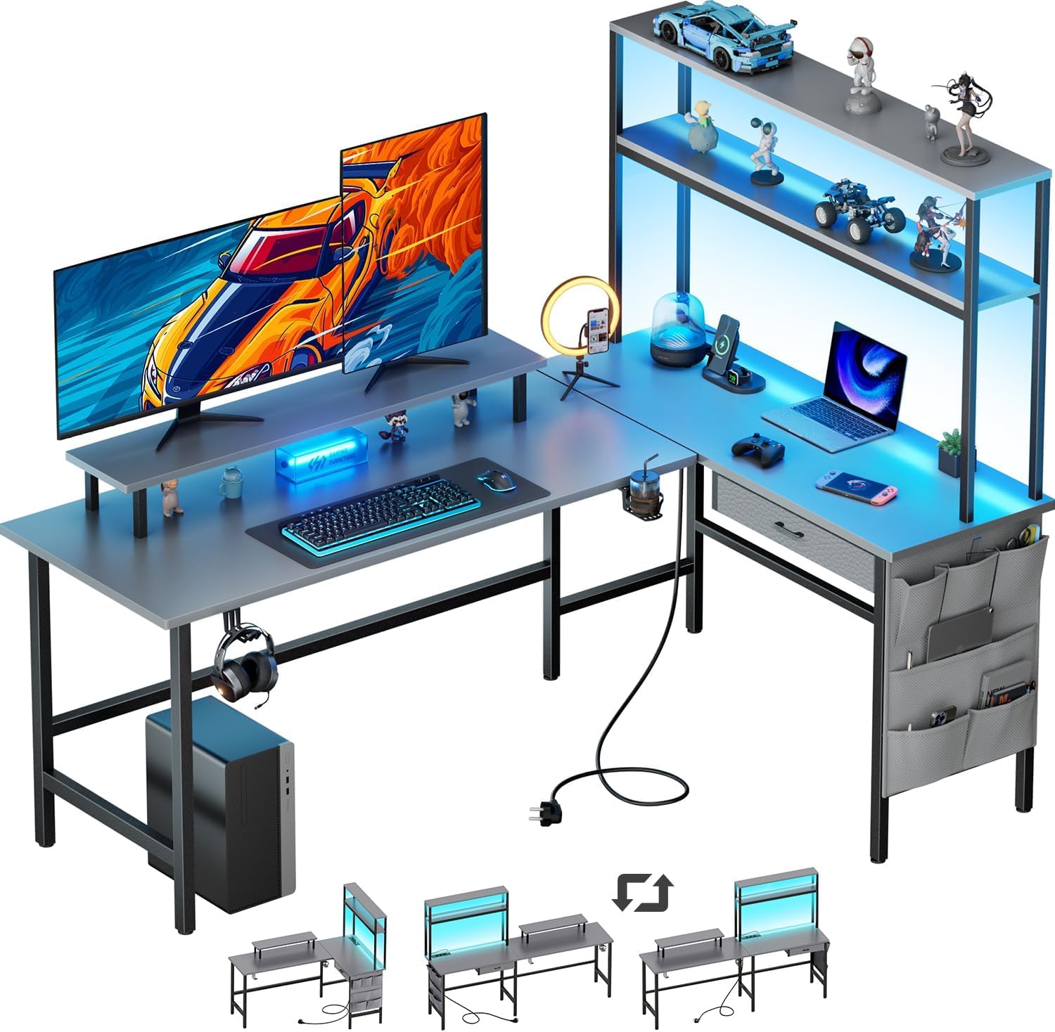 Computer Desk, L-Shaped Gaming Desk, Computer Table with LED Light, Width 59.1 inches (150 cm), Includes Outlets, Drawers, Storage Shelves, Storage Bag, Display Stand, Gaming Work Desk, Study Desk, Corner Table, Remote Office, Easy Assembly (Gray, 59.1 x 19.7 inches (150 x 50 cm)