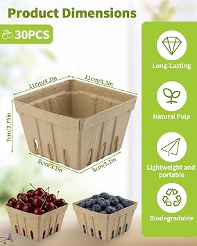 30 Pack Natural Pulp Fiber Berry Basket (4.3x4.3x2.75 Inch), Natural Pulp Produce Baskets & Berry Containers, Vented Strawberry Baskets for Farmers Market Decor, Grocery Store and Kitchen Display
