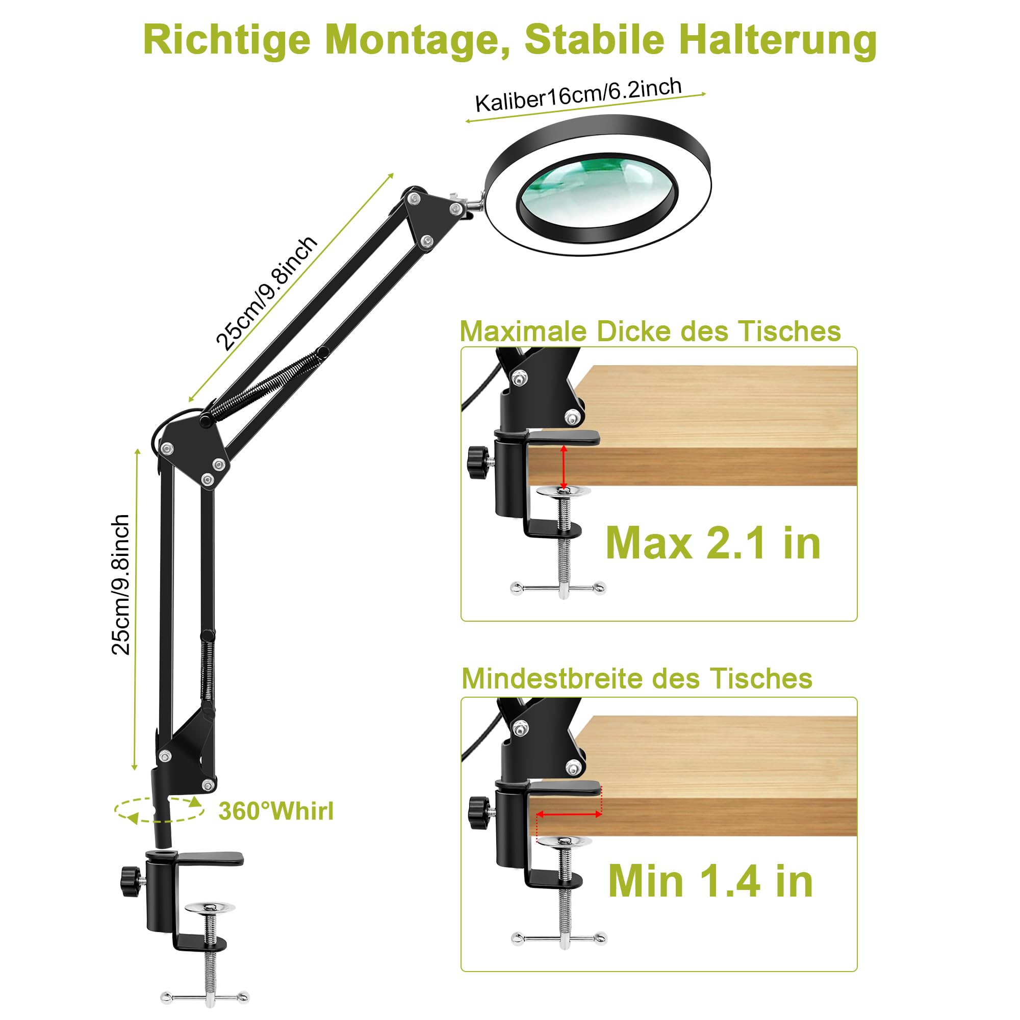 Lupe mit Licht und Klemme, 10x Lupenleuchte mit 3 Farbmod Dimmbare, FreihäNdige Lupenlampe LED für Naharbeiten, Hobbys, Basteln und Lesen, Schwarz