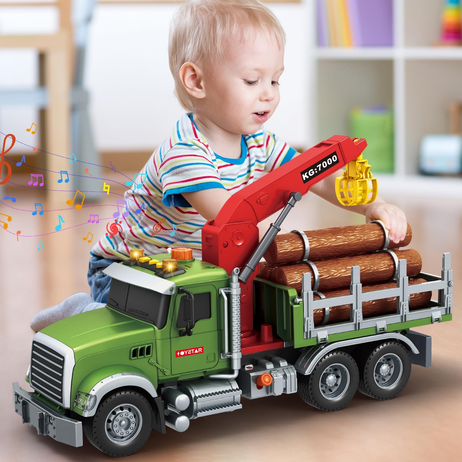 Mostop Logging Truck Kids Toy for 3 4 5 6 7 8 Year Old Boys, 15’’ Farm Log Truck with Loading Crane and 6 Trunks, Lights, Sounds, Friction Powered Toddler Farm Toy Vehicle for Boys Birthday Gifts