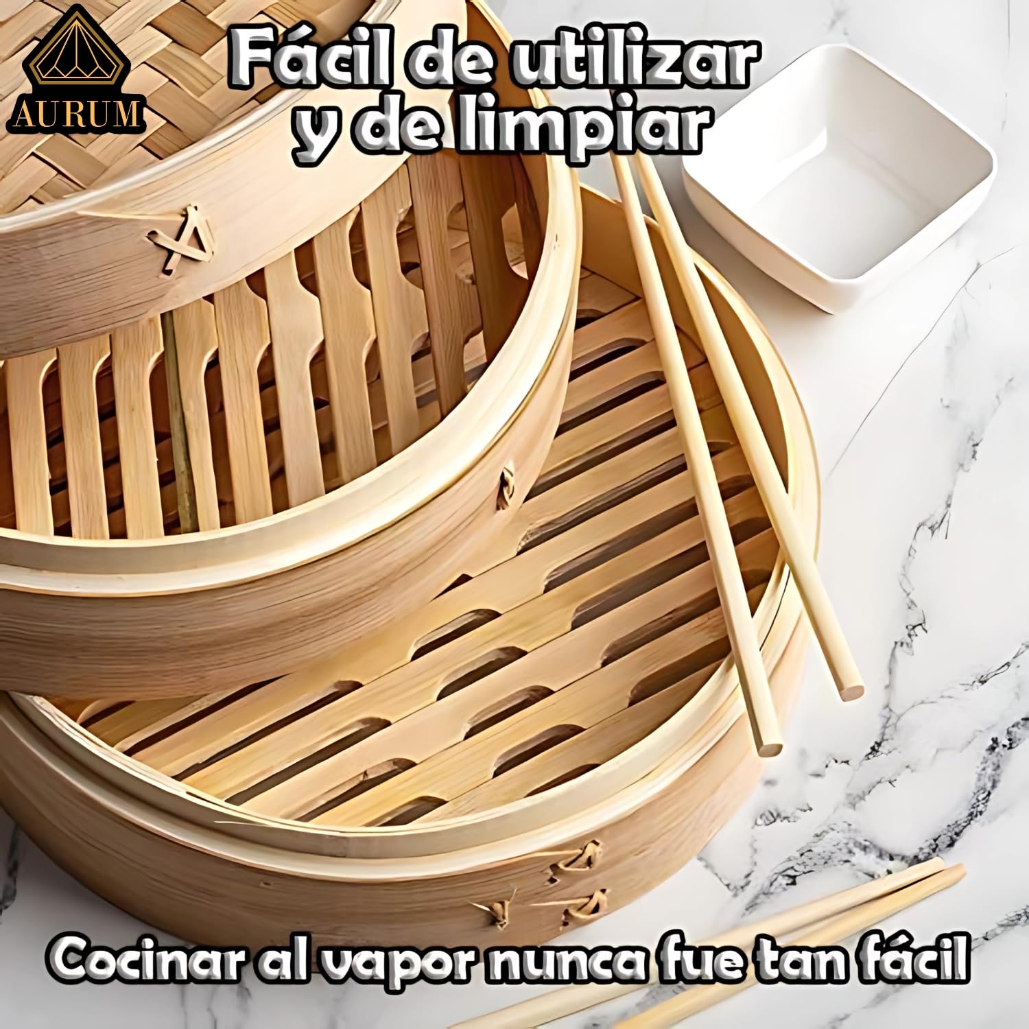 Aurum® Vaporera de Bambú 2 Niveles, en 20 cm y 25 cm - Incluye Accesorios - Vaporera Cocinar Vapor Bambú, Steamer for Cooking, Cocedero de Vapor (ø25)