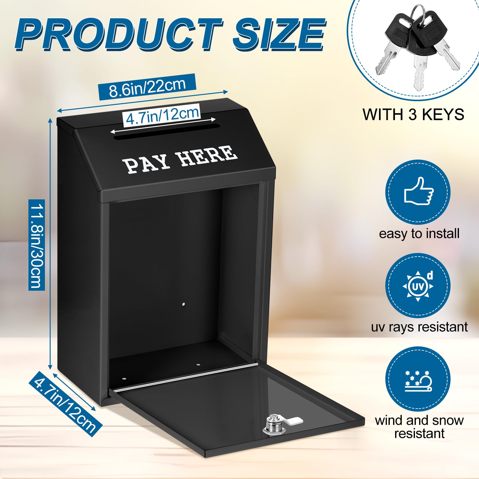 Yaocom Safe Geldkassette aus Metall, Spendenbox mit Schloss, Wandhalterung, vorgebohrt, Briefkasten, Lieferurne für Zuhause, Büro, Outdoor, Selbstbedienungsständer (schwarz, 30 x 21 x 12 cm)
