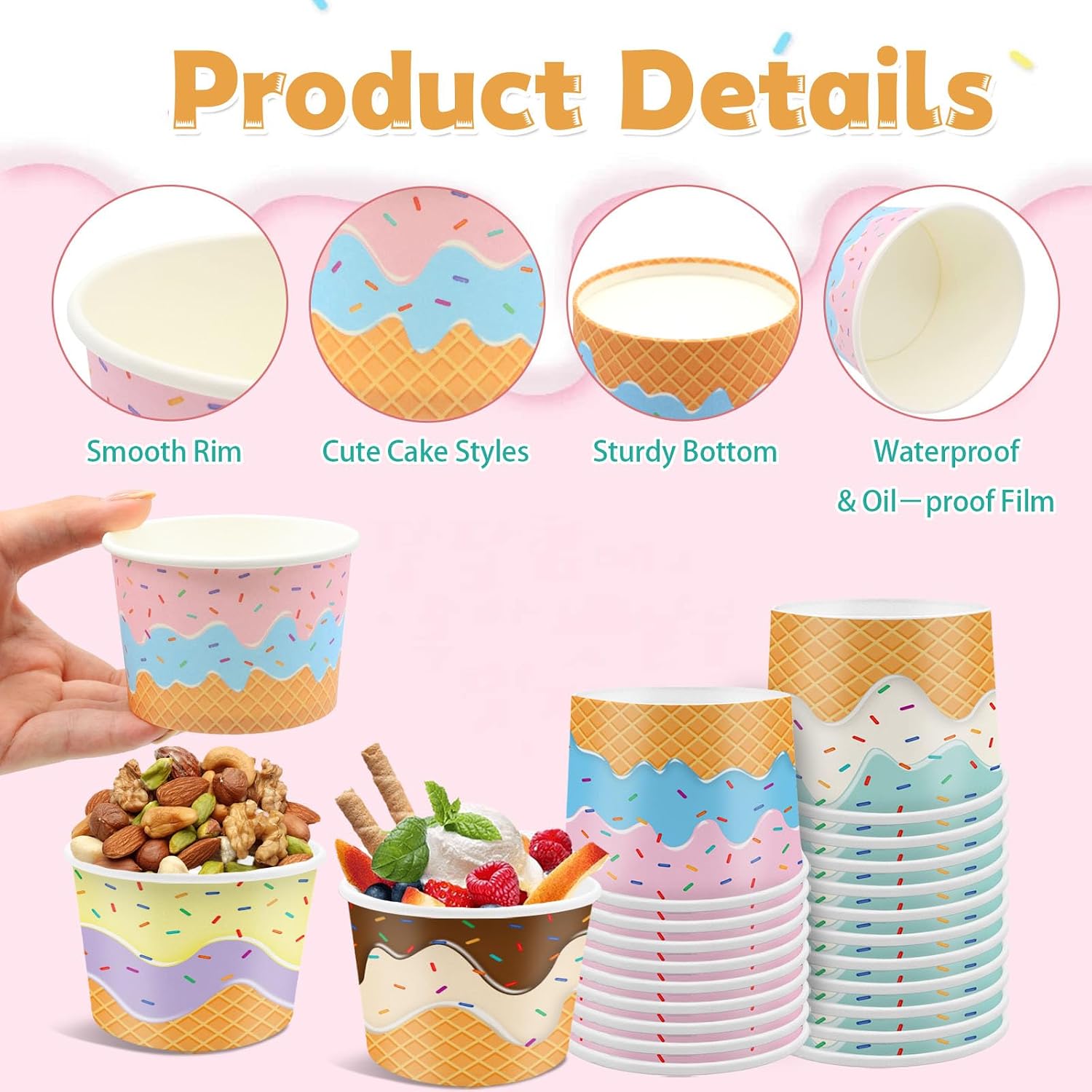 100 Pcs Paper Ice Cream Cups with Spoons 6 oz Ice Cream Bowls Disposable, 4 Color Treat Snack Cups for Hot or Cold Food, Ice Cream Sundae Bar Supplies for Dessert, Yogurt, Soup