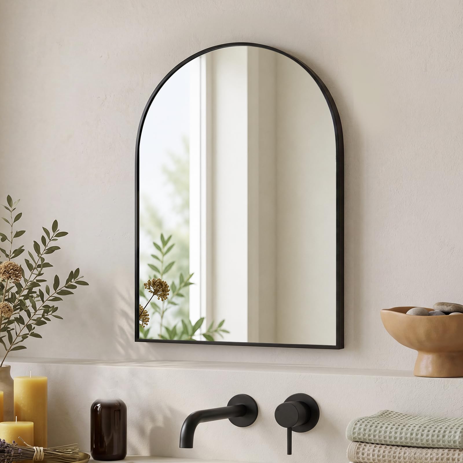 Yezi Arch Bathroom Mirror, Black Wall Mounted Mirror with Aluminium Frame, HD Tempered Glass Wall Mirror for Bathroom, Bedroom, Hallway & Living Room, 40 x 30 cm