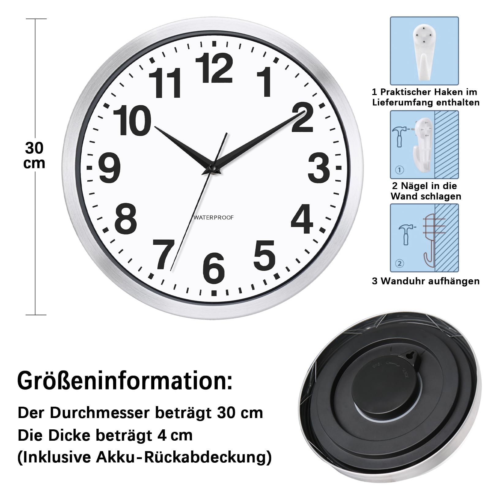Horloge murale d'extérieur résistante aux intempéries, horloge de jardin sans tic-tac silencieuse, à quartz, fonctionne avec piles, pour jardin, salle de bain (argenté)