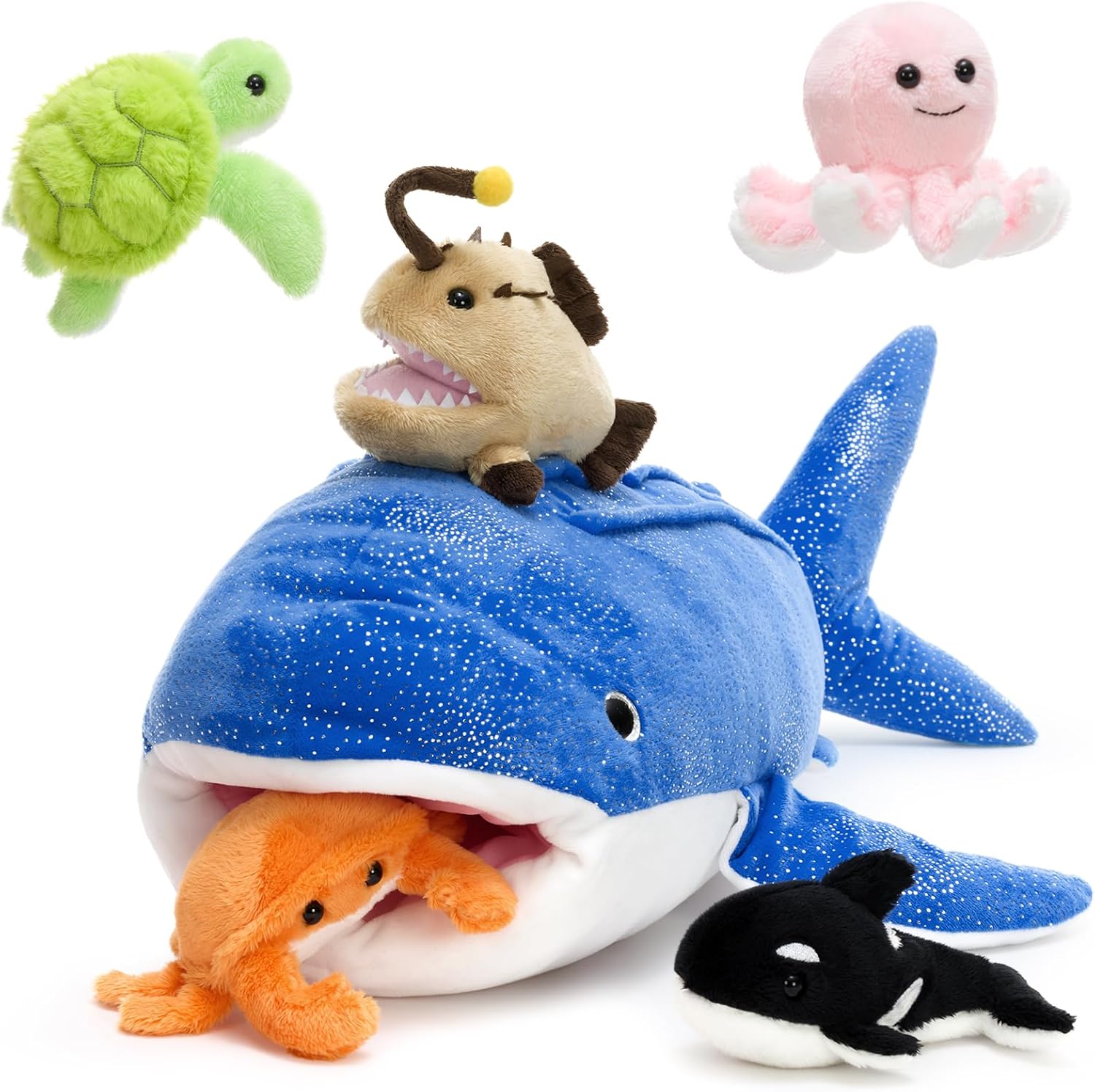 MaoGoLan 7 Pcs Soft Shark Stuffed Animal with 6 Sea Animal Plushies in Belly, Plush Hammerhead Shark Ocean Toys Set for Kids Girls Under The Sea Party Favor Decorations Gifts Christmas