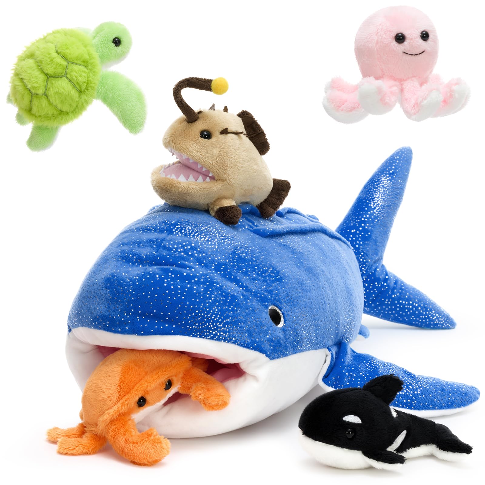 MorisMos Big Whale Shark Teddy Soft Toy, 60cm Cuddly Fluffy Mommy with 5 Babies Inside, Plush Stuffed Animal Teddy Gift for Kids Birthday Deco