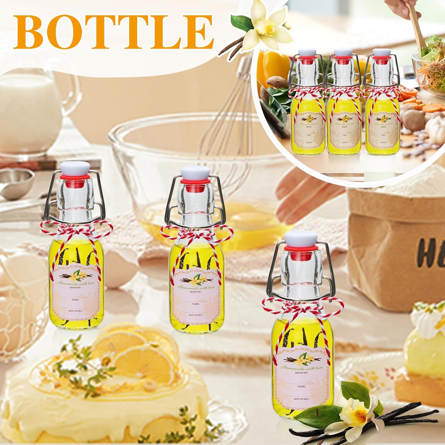 Swing Top Glass Bottles 4 oz, Vanilla Extract Bottles-Set of 15,Flip Top Glass Bottle for Home Brewing, Beverages, Oil, Vinegar, Water, Soda, Limoncello, Homemade liquor, vanilla