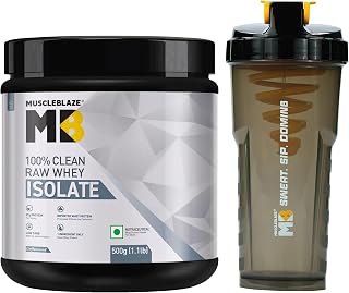 MuscleBlaze 100% Clean Raw Whey Protein Isolate, 500g (1.1lbs) + Shaker | Unflavoured | 27g Clean Protein per Scoop | Incl... Price In India