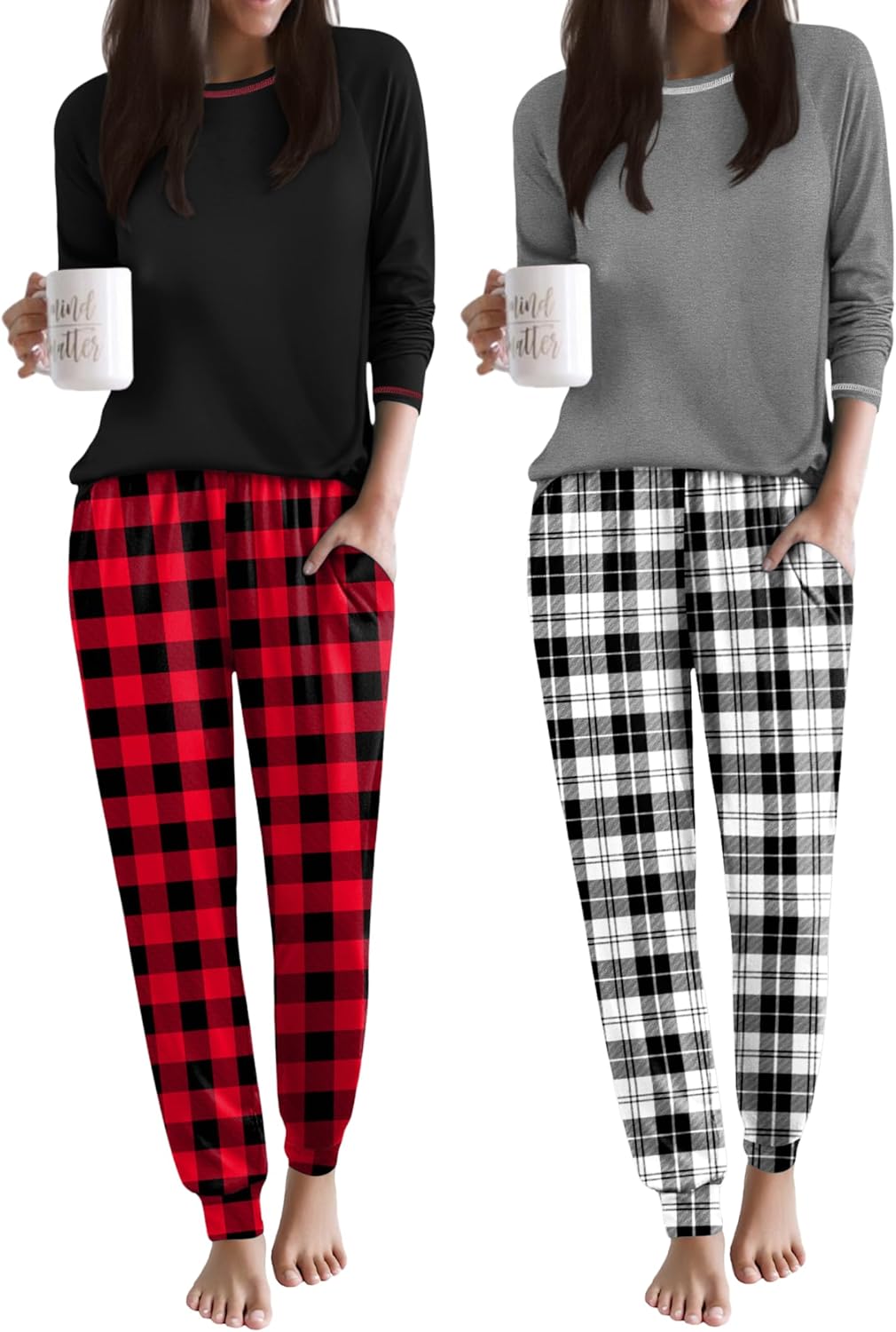 Ekouaer 2 Pack Womens Pajama Set Soft Pjs Long Sleeve Top With Jogger Pants Lounge Sets Sleepwear Loungewear with Pockets