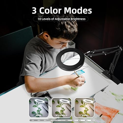 Miniatura 3 de EOOKU - Lupa con luz, lámpara de escritorio 3 en 1 con lupa 5X y 10X con luz, brazos giratorios ajustables y placa base resistente