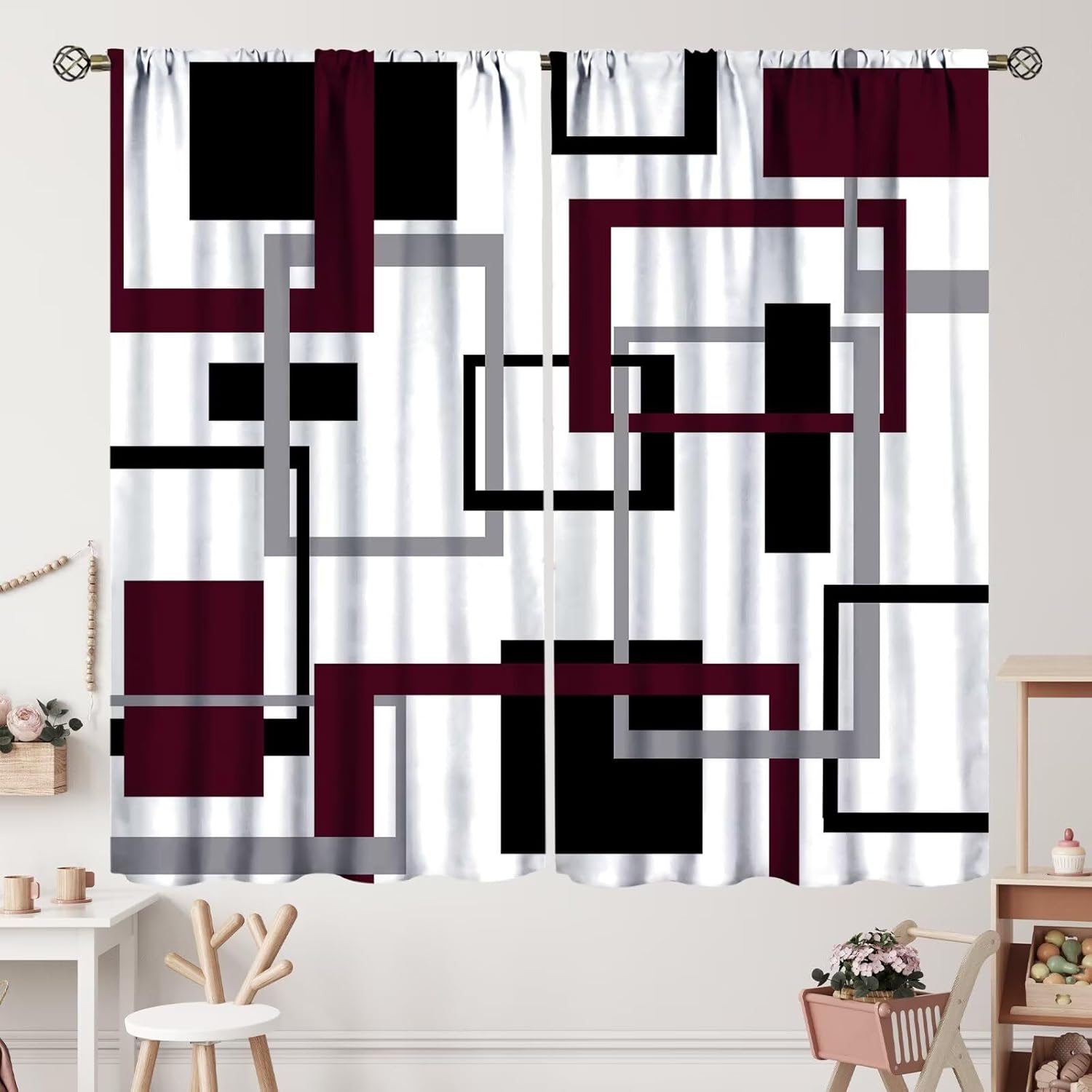 Teal Curtains Mid Century Modern Turquoise Abstract Aqua Black Grey Geometric White Backdrop Blackout Rod Pocket Curtains for Bedroom Living Room Kitchen Window Drapes 2 Panel Set 42x45 Inch