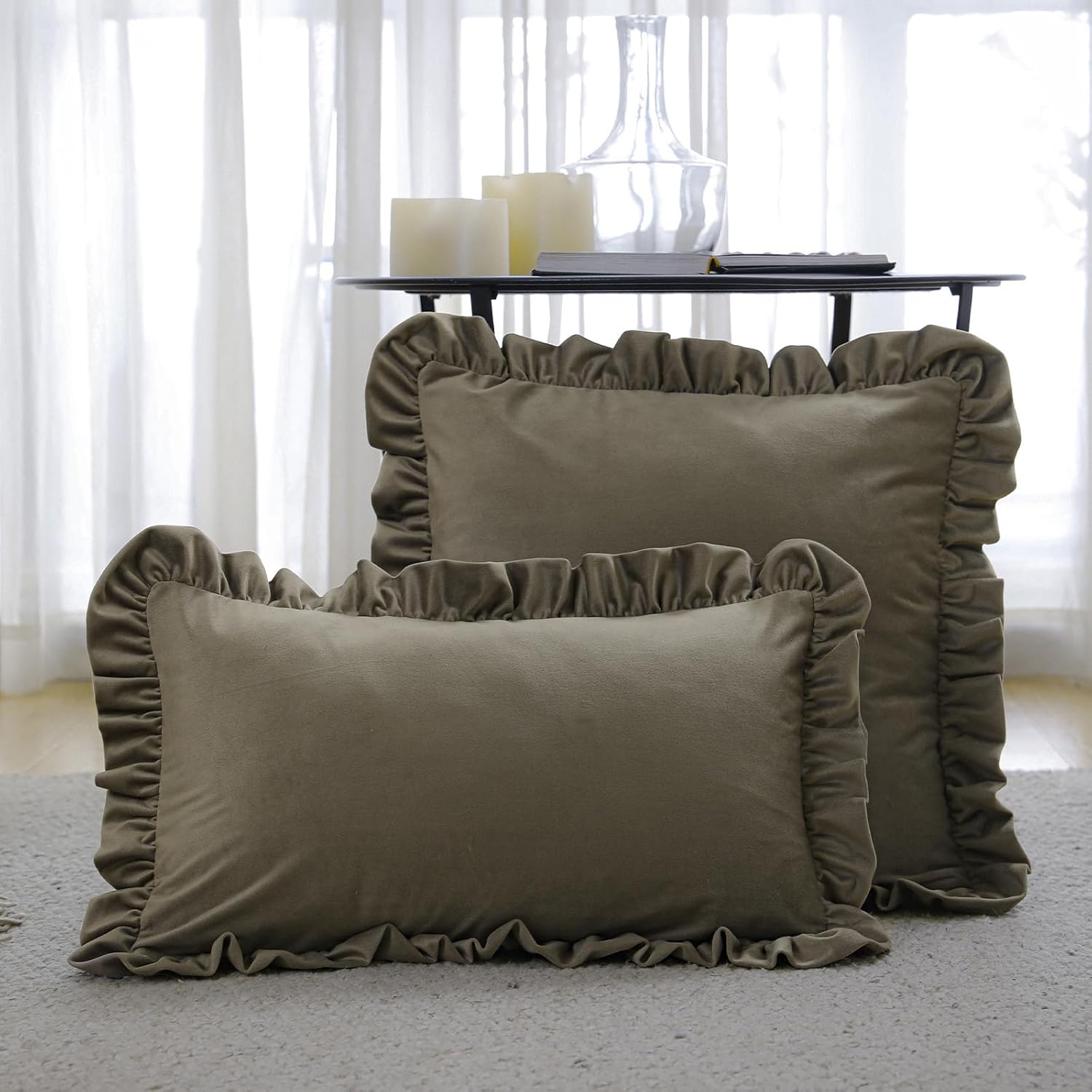ISAENNE French Brown Rectangle Throw Pillow Covers 12"x20" Set of 2, Solid Color Farmhouse Velvet Decoration Pillow Cover with Ruffles,Throw Pillow Case for Couch Sofa Bed Living Room Car