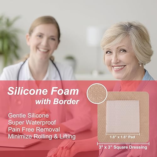 Miniatura 2 de Aderezo de espuma con bordes de silicona de 3 x 3 pulgadas, paquete de 10 almohadillas estériles individuales, adhesivo suave, resistente al agua,