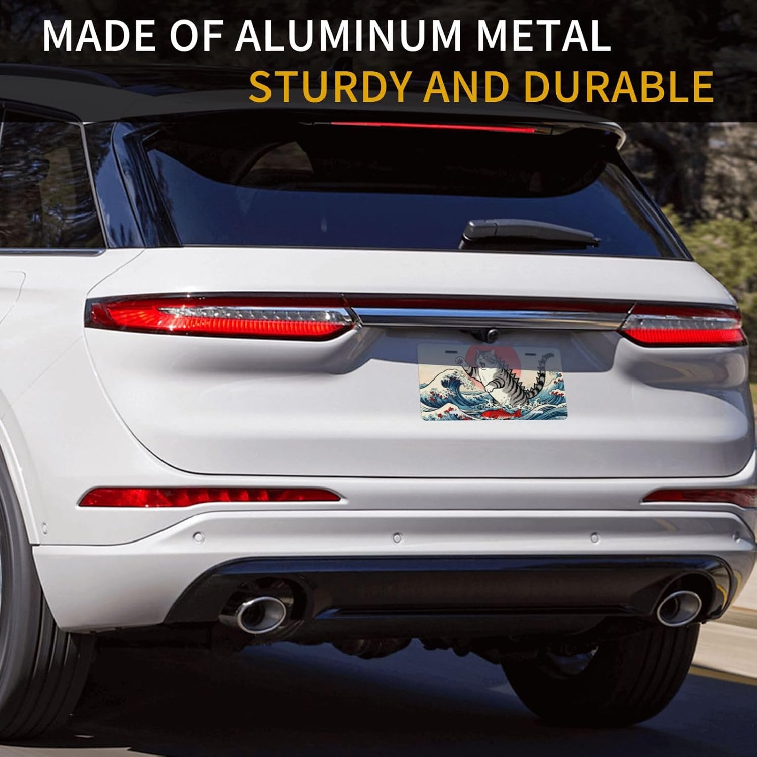 Wave Cat Fish Sun Front License Plate for Women Car Vanity Plates Decorative Aluminum Metal Cute Novelty License Plate Cover for Men 6x12 Inch (4 Holes)