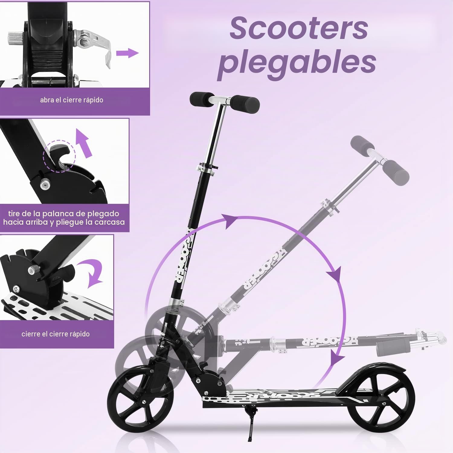 Patinete de ciudad con ruedas grandes, plegable, altura regulable, para niños y adultos, freno trasero, patinete con correa, máx. 100 kg