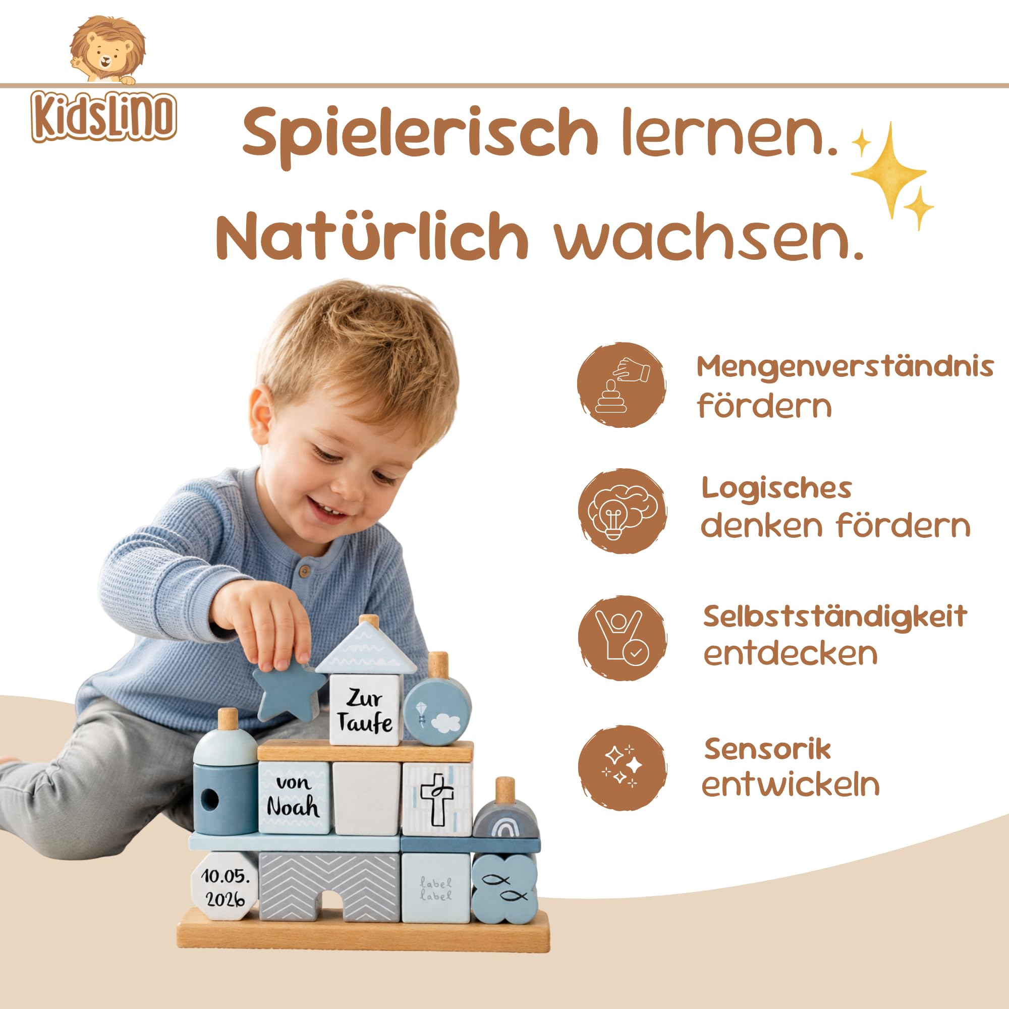 Personalisierbares Holz-Taufhaus Blau – fördert Feinmotorik & Vorstellungskraft – für Kinder ab 18 Monaten – personalisiert mit Namen und Taufdatum – Label Label
