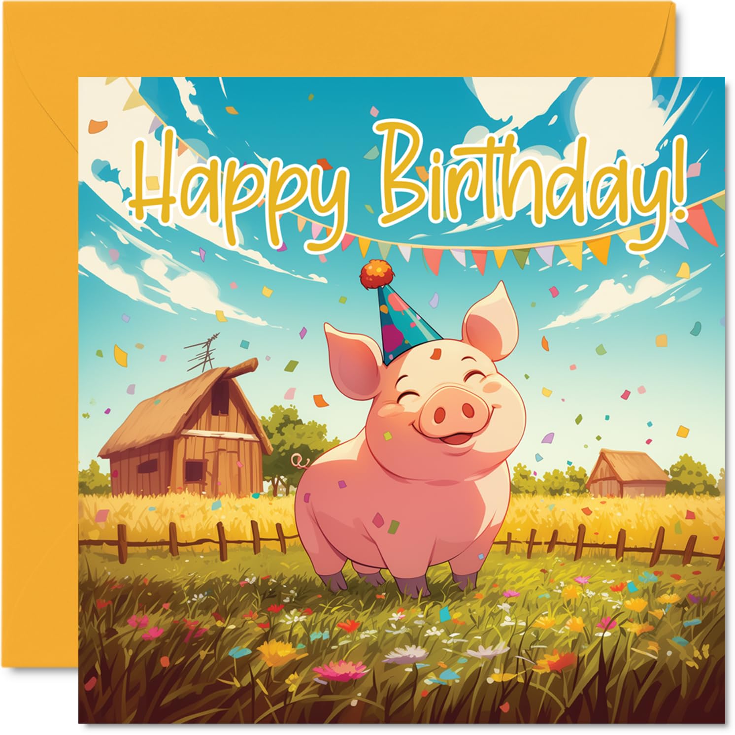 Pig Birthday Cards - Farm Farmyard Party - Happy Birthday Card for Son Daughter Brother Sister Grandson Granddaughter Niece Nephew Cousin, 145mm Bday Greeting Cards