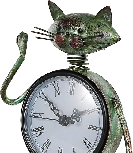 Miniatura 7 de HUIOP Reloj de gato hecho a mano, estilo vintage, de metal, de hierro, estatuilla de gato, reloj de mesa silencioso, práctico reloj con batería AA