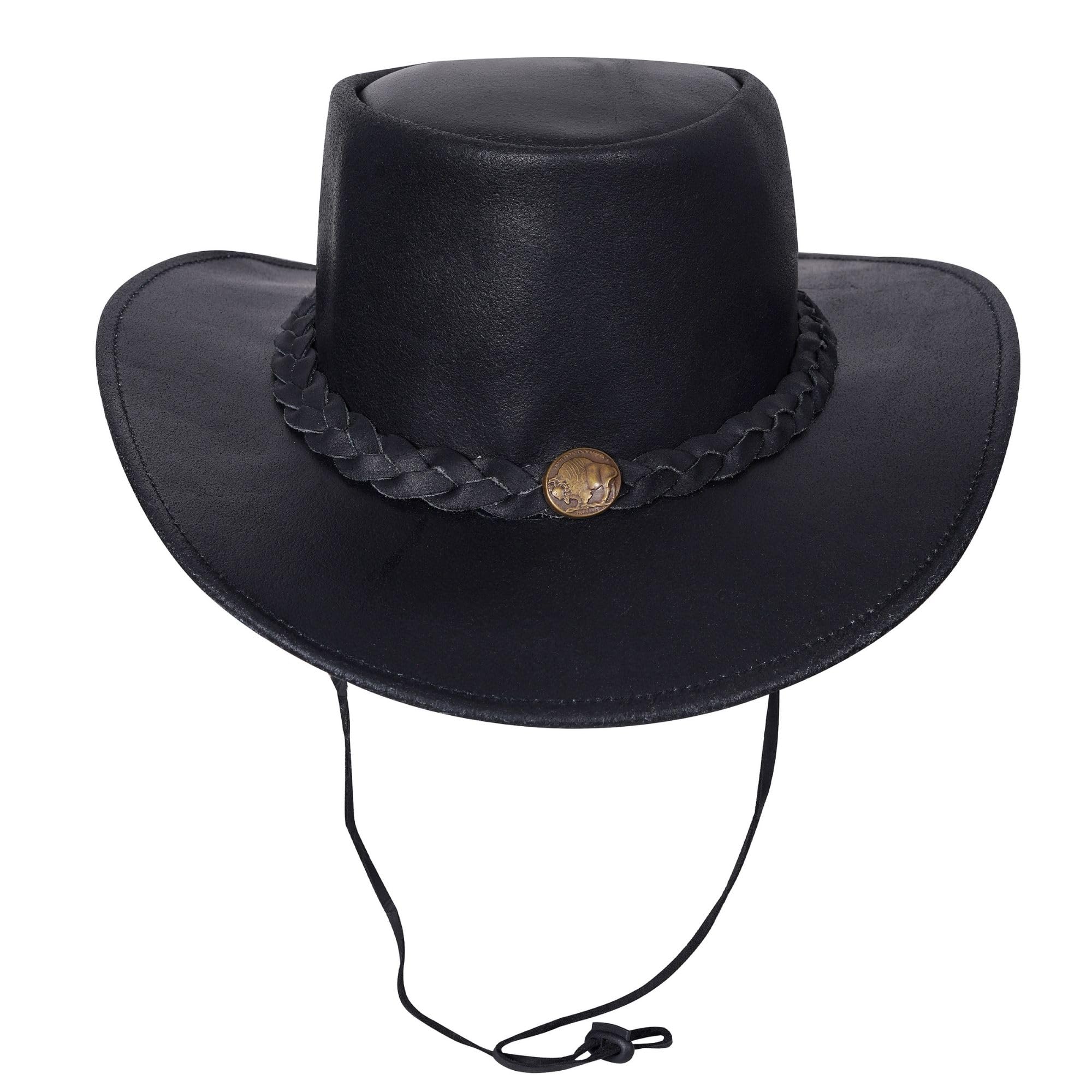 URBAN 5884 Cowboyhut aus echtem Leder, Western-Hut aus Rindsleder mit Verstellbarer Krempe und Kinnriemen -