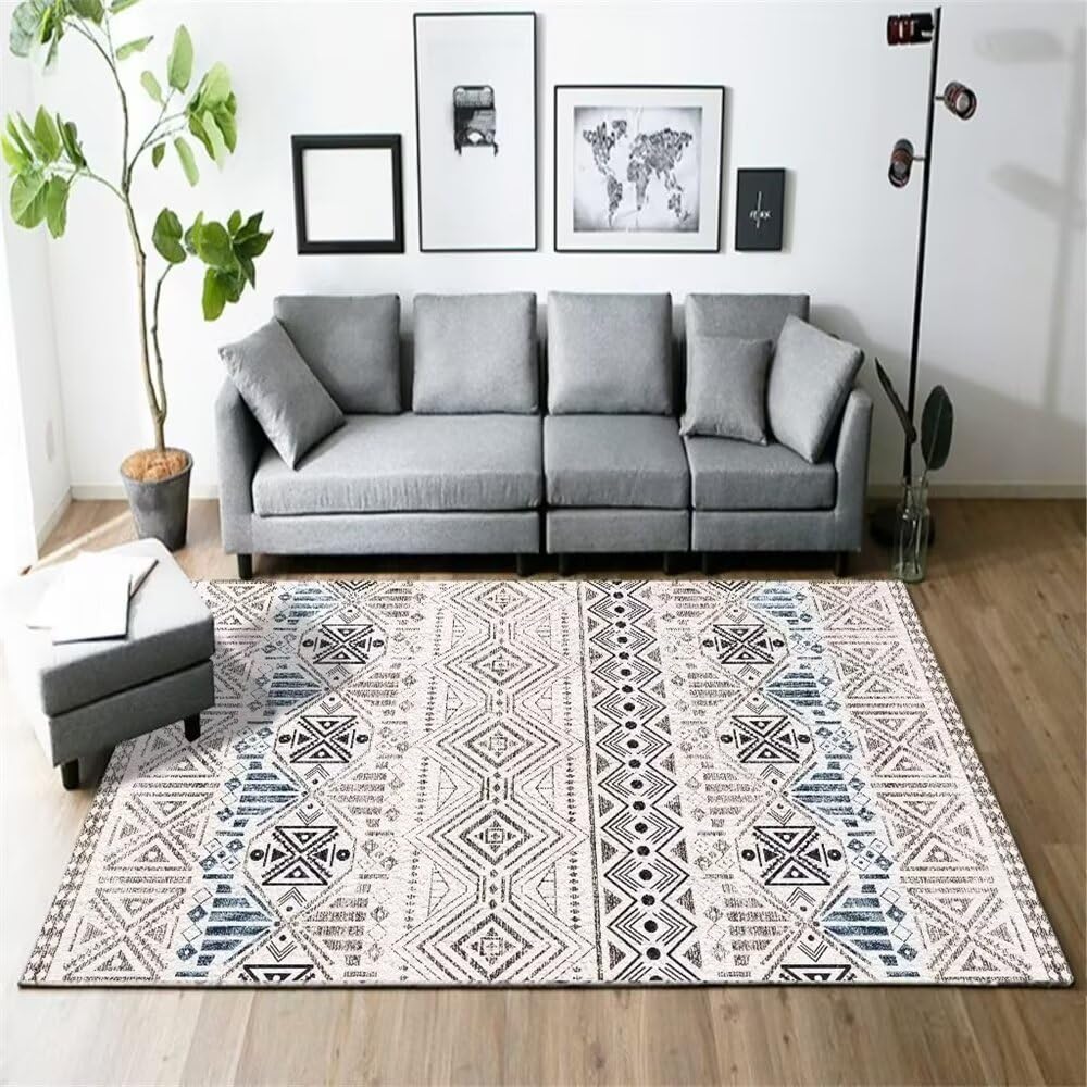 Tapis de salon gris bleu antidérapant 200x300 fini les glissades avec ce motif vintage
