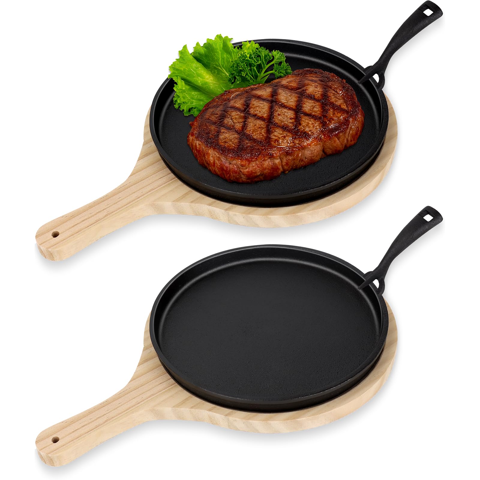 Lot de 2 poêles en fonte Fajita avec dessous de plat en bois - Protection anti-brûlure - Rondes - En fonte - Antiadhésives - Pour cuisine, restaurant, barbecue, intérieur et extérieur