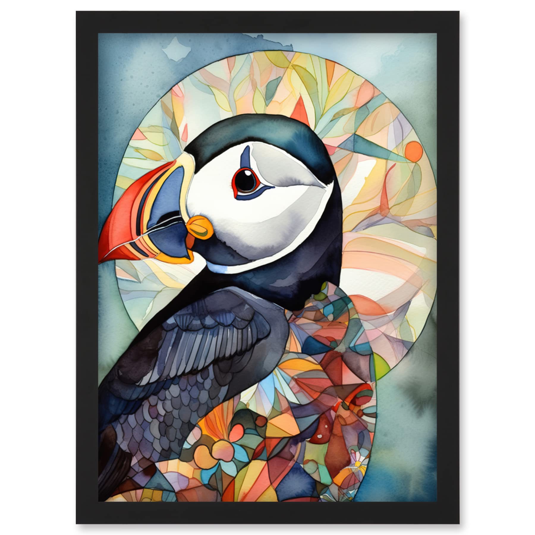Artery8 Puffin Bird Portrait Folk Art Artwork Framed Wall Art Print A4