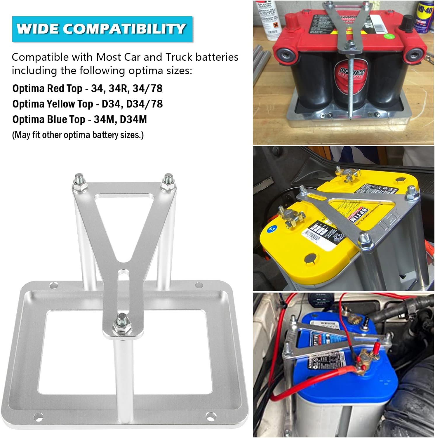 Universal Battery Tray Hold Down Trunk Relocation Box - Billet Aluminum Battery Mount Compatible with Optima Race Racing Mount Red/Yellow/Blue Top 34, 34/78, D34, D34/78, 34M, D34M