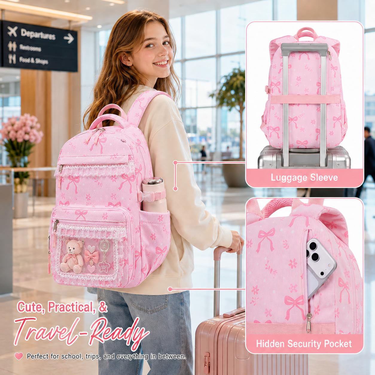 LEDAOU Rucksack für Mädchen, Schultasche, Kinder, Büchertasche, Teenager-Rucksack-Set, Tagesrucksack mit Lunchtasche und Federmäppchen, A-Spitze Schleife Rosa, 17.3"H x 12.2"L x 5.9"W | Kinder