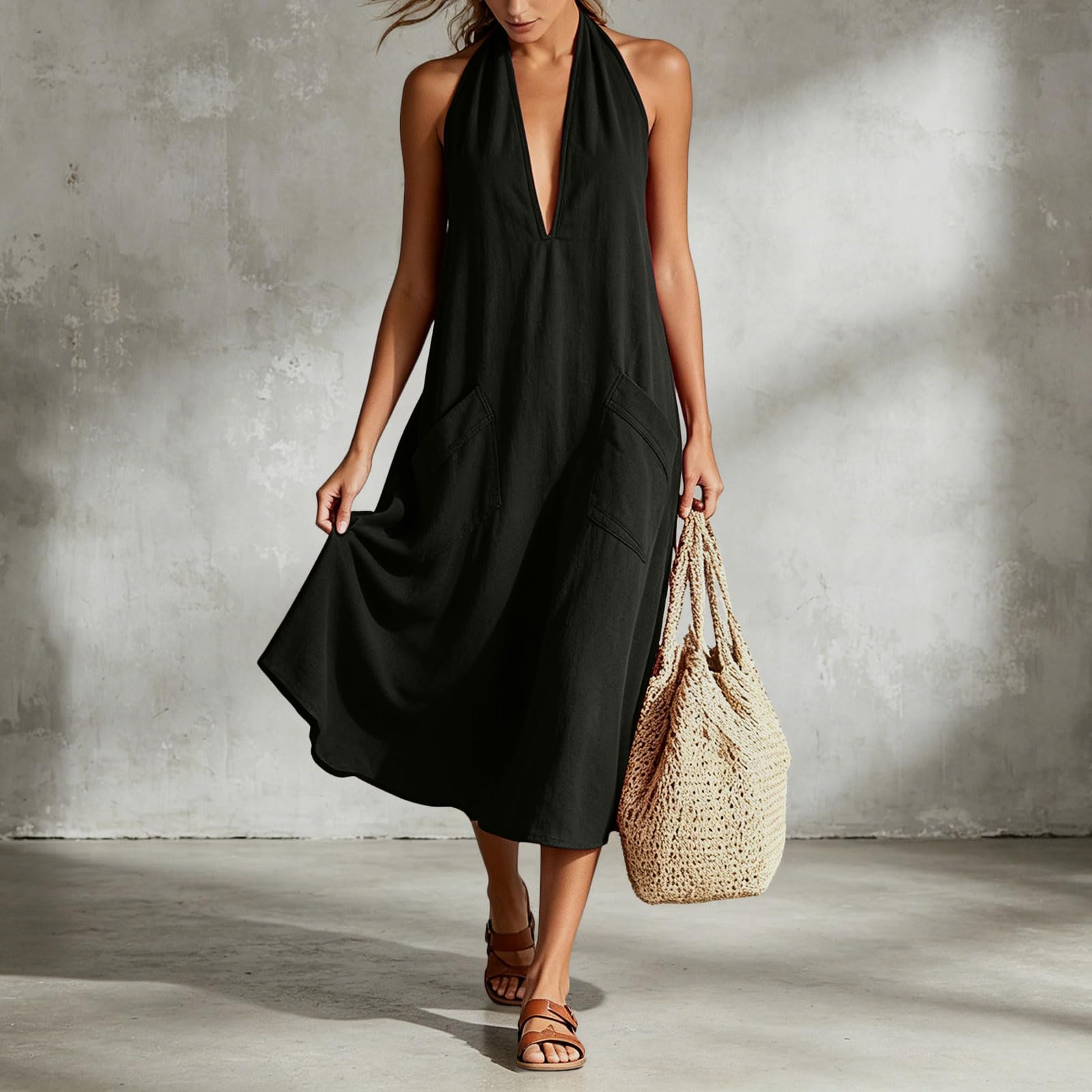 Abito Estivo Donna Cotone Abito Lungo da Donna con Scollo all'Americana, Senza Schienale e Senza Maniche, vestibilità Ampia e svolazzante, Perfetto per L'Estate Le Vacanze al Elegante
