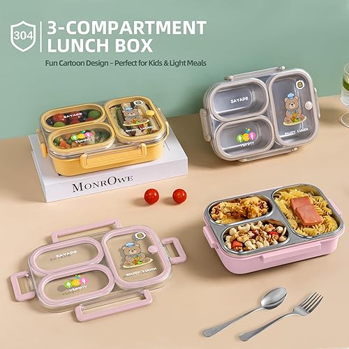 Miniatura 2 de Lonchera Bento de acero inoxidable para niños, 26.4 onzas, a prueba de fugas, 3 compartimentos, caja Bento de metal, sin BPA, lindo recipiente de