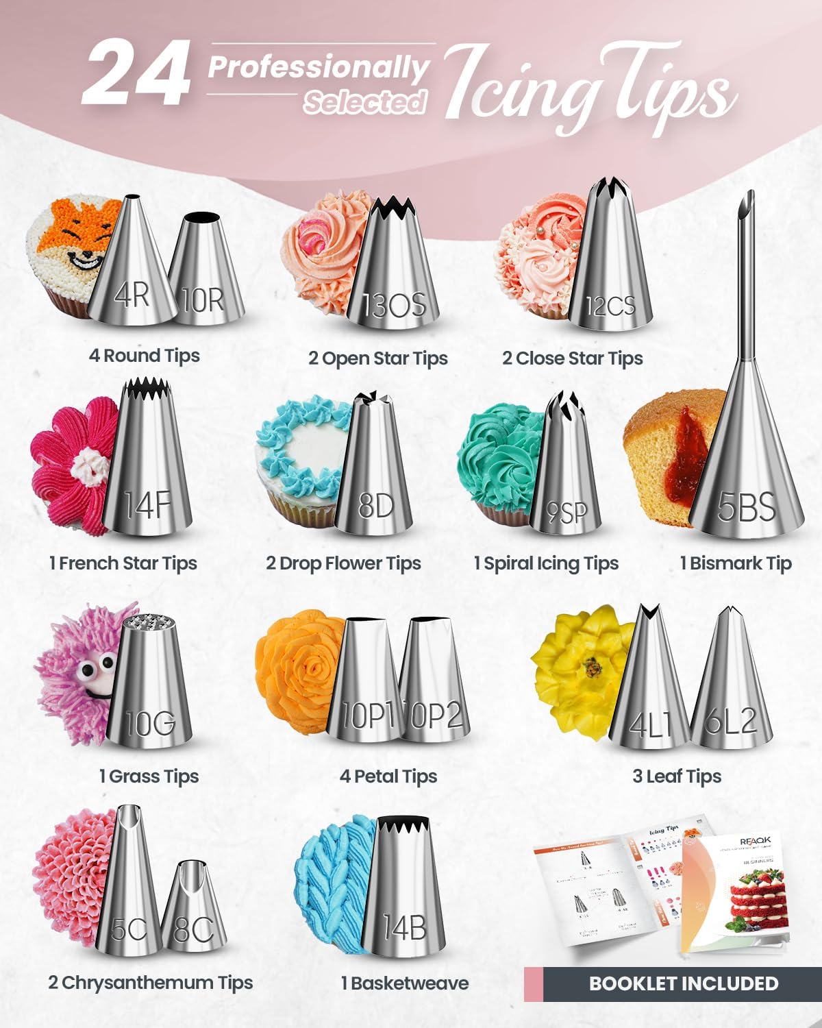 RFAQK 90PCs Cake Decorating Kit with Leveler, Baking Supplies Gift Includes Cake Stand Turntable, 24 Numbered Icing Tips, 55+1 Piping Bags, 2 Frosting Spatulas, 3 Scrappers, Video Course & Booklet