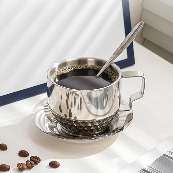 Double Walled Coffee Cups Set Stainless Steels Thermals Insulation Coffee Mug with Spoon and Saucer Teas Cups Milk Mug