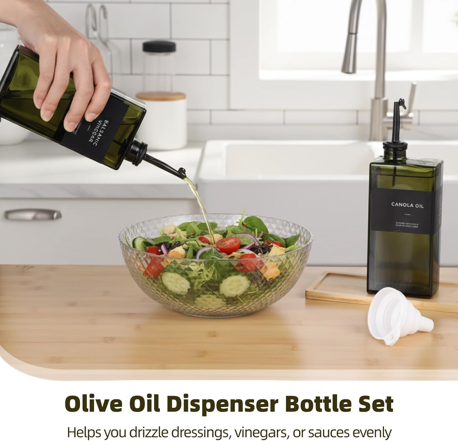 2 Pcs 16.9 Oz Olive Oil and Vinegar Bottles, Dark Glass Dispenser Set with Drip-Free Spouts, Wooden Tray, Silicone Funnel, Labels, for Kitchen Counter and Hostess Gift