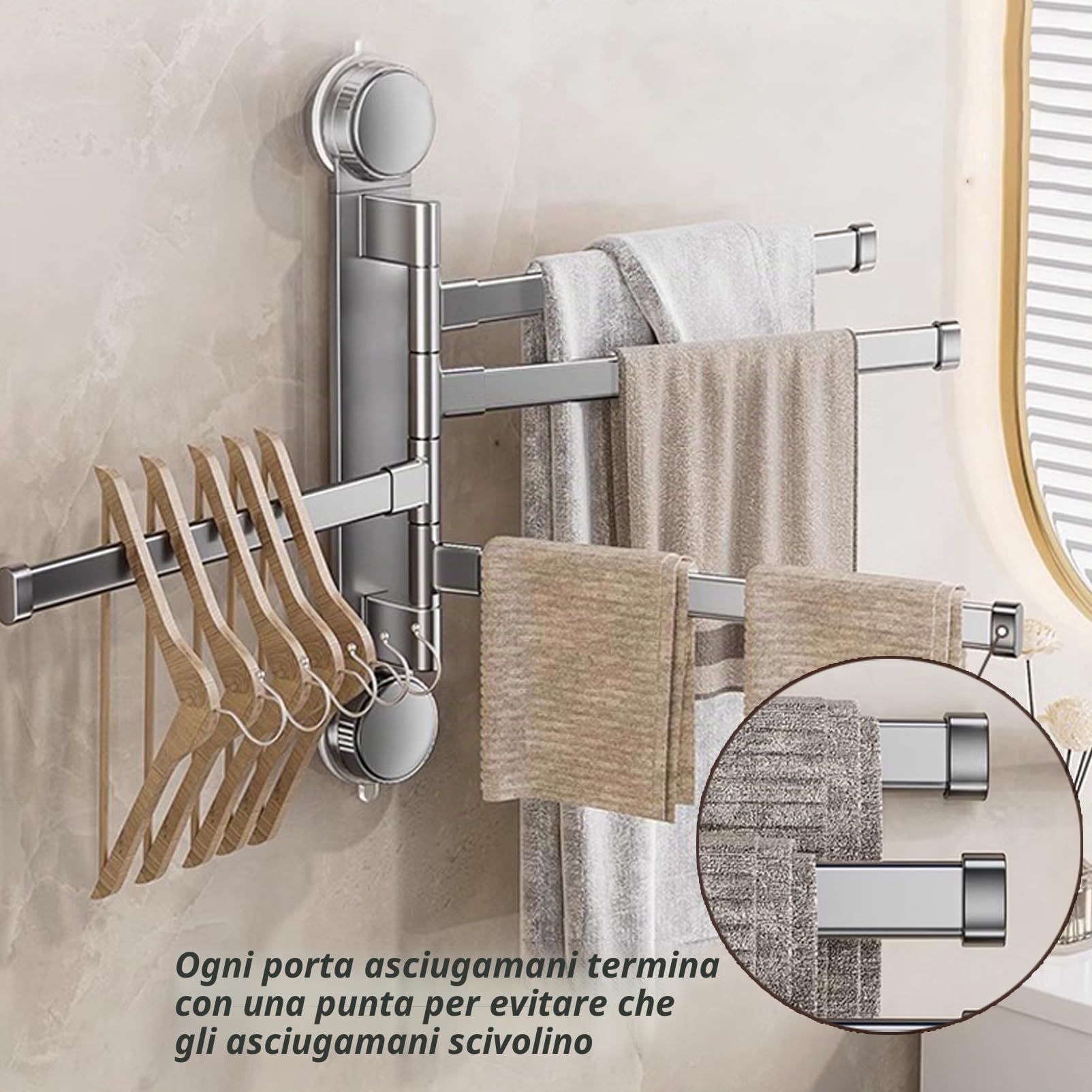 Portasciugamani Girevole in Alluminio,Portasciugamani Ventosa a Parete Porta Asciugamani per Bagno Senza Foratura,Con 2 Braccia Girevoli Porta Salviette,Per Balcone,WC
