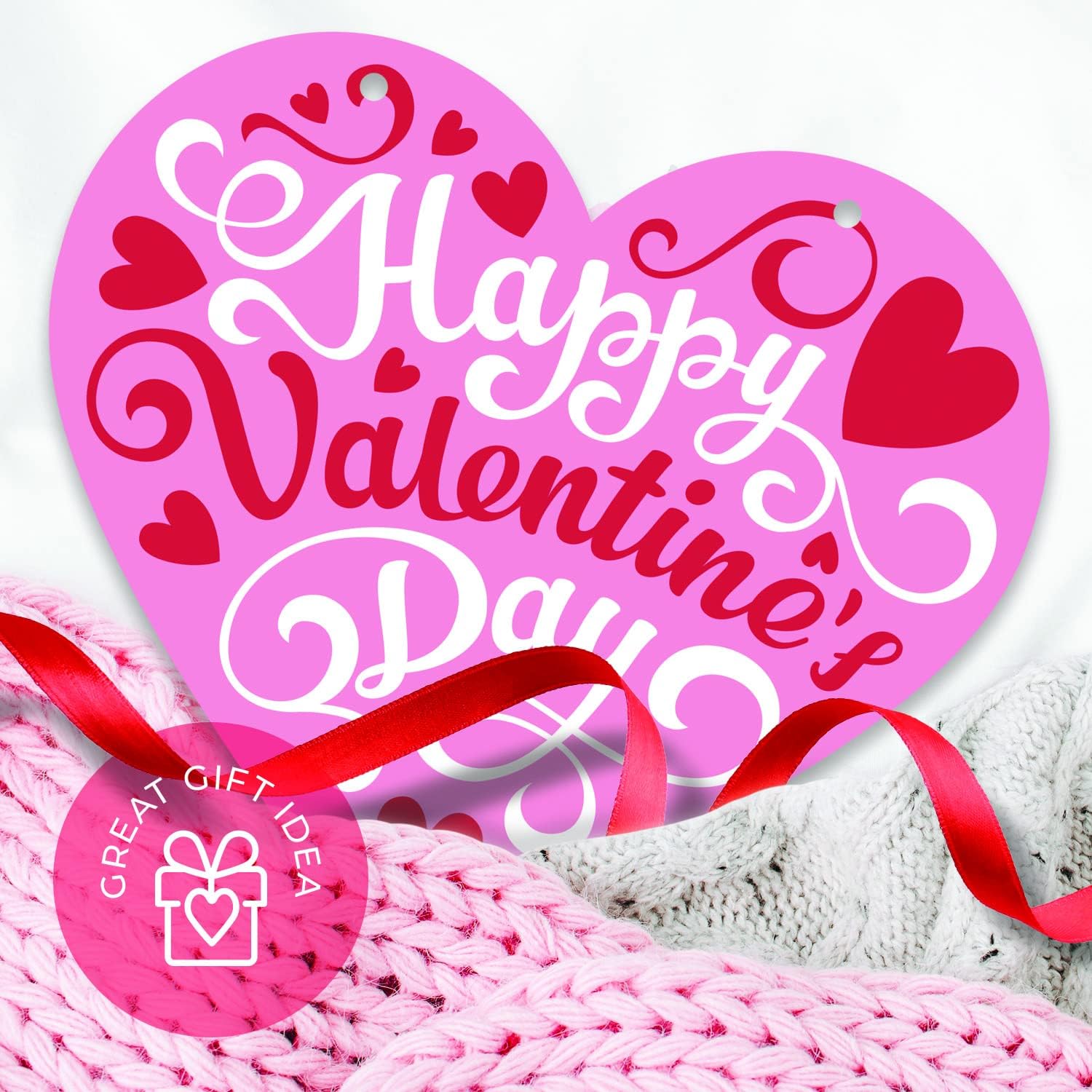 Valentines Day Decoration Happy Valentine's Day Pink Background with Hearts, 15 Inch Aluminum Heart Shaped Door Sign with Red Satin Ribbon by Soul Décor
