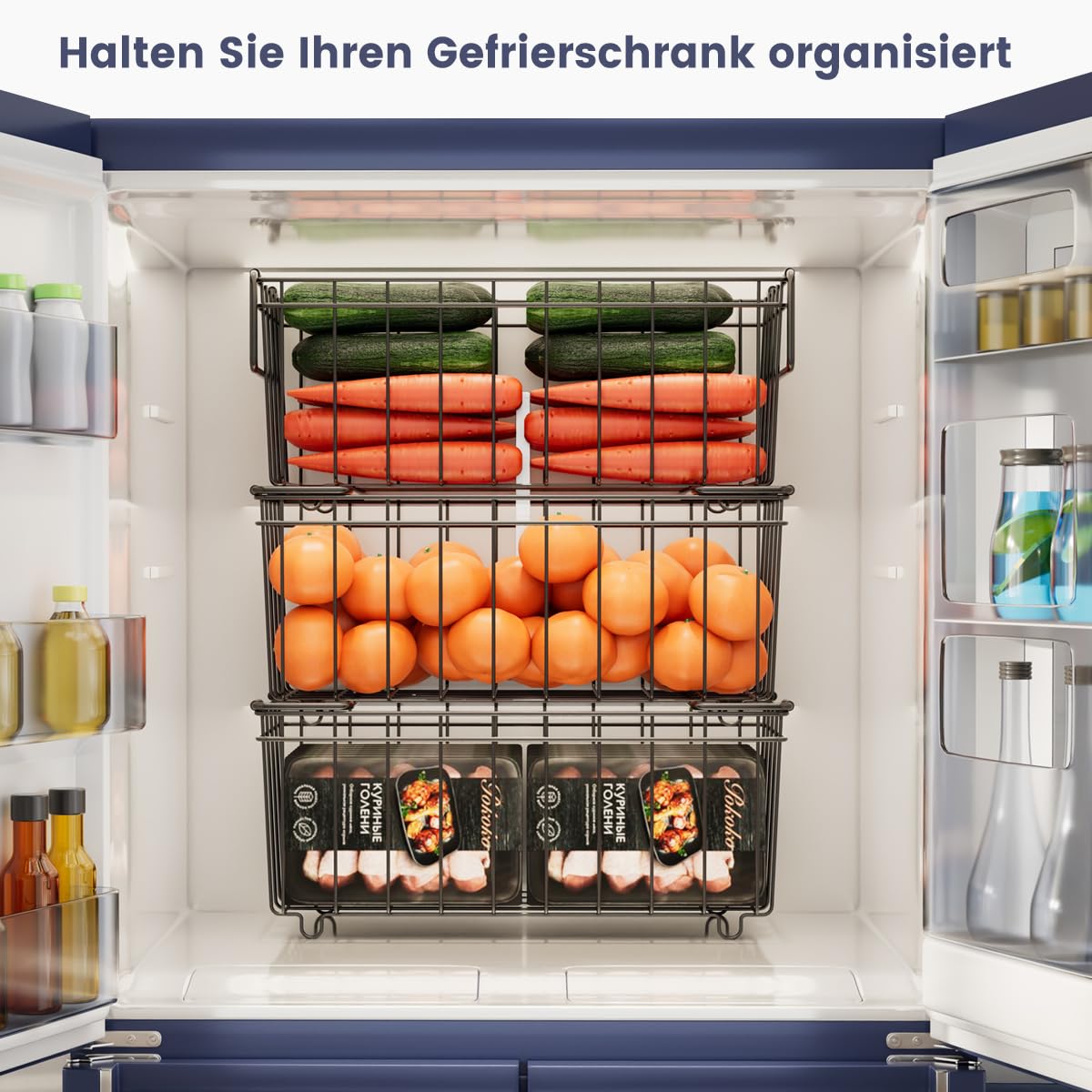 4er Stapelbar Gefrierschrank Organizer für 198L Gefriertruhen Einfacher Zugriff auf Tiefkühlkost Platz, Gefrier korganizer korb mit Griffen einfach zum Sortieren und Essen bekommen