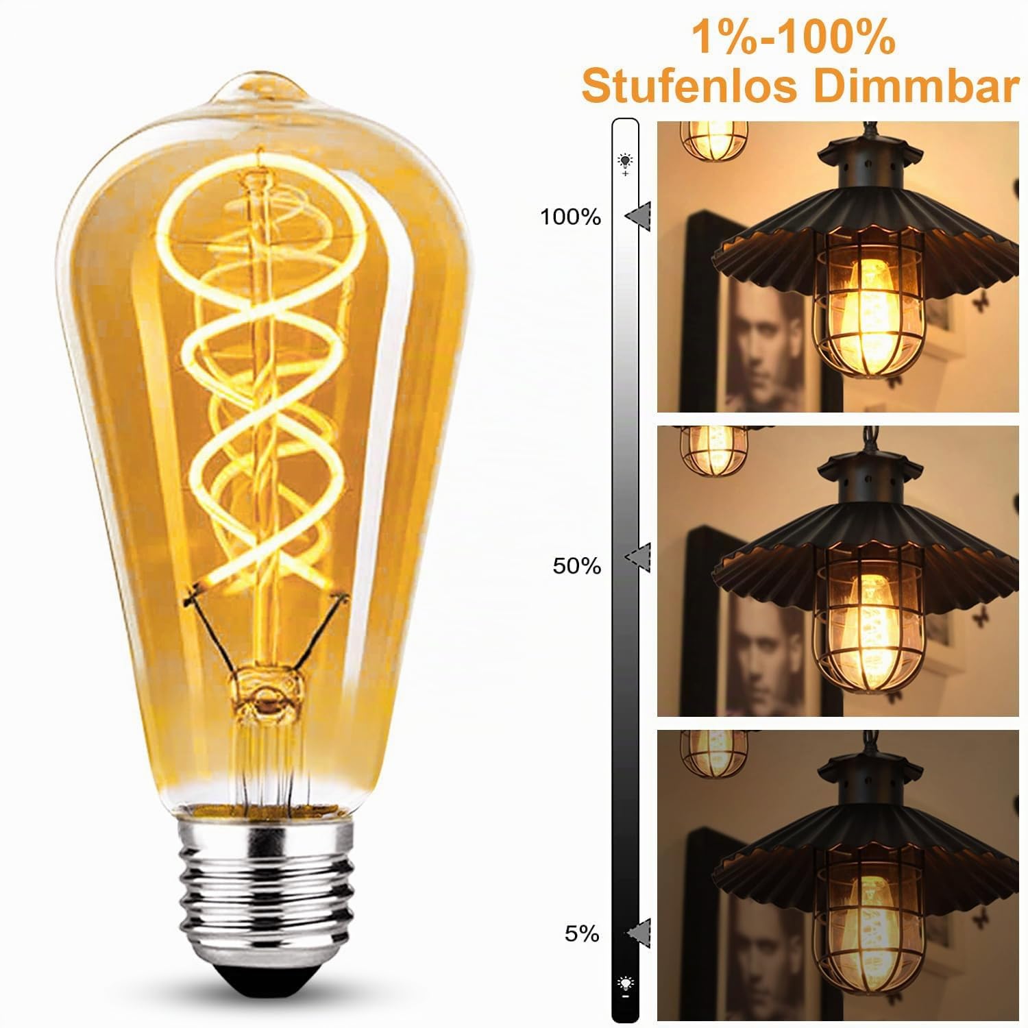 Edison Vintage Glühbirne E27, LED Vintage Dimmbar 4W ST64 Glühbirne E27 Warmweiß, Ideal für Dekorative Nostalgie und Retro Beleuchtung, Bernstein - 6 Stück