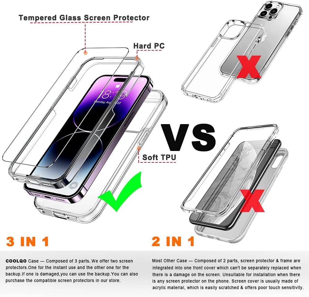 COOLQO Compatible for iPhone 14 Pro Max Case 6.7 Inch, with [2 x Tempered Glass Screen Protector] Clear 360 Full Body Protective Coverage Silicone 14 ft Military Grade Shockproof Phone Cover Clear
