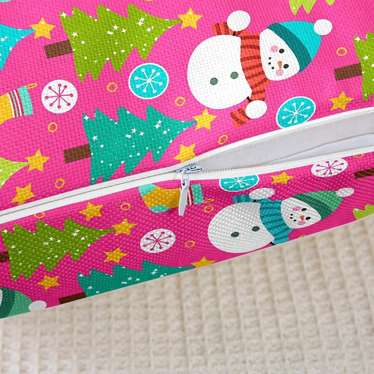 Homemissing Juego de 4 fundas de almohada navideñas de 50 x 50 cm, diseño de muñeco de nieve, para sofá, cama, silla, coche, copo de nieve, árbol, funda de cojín suave para invierno y exteriores