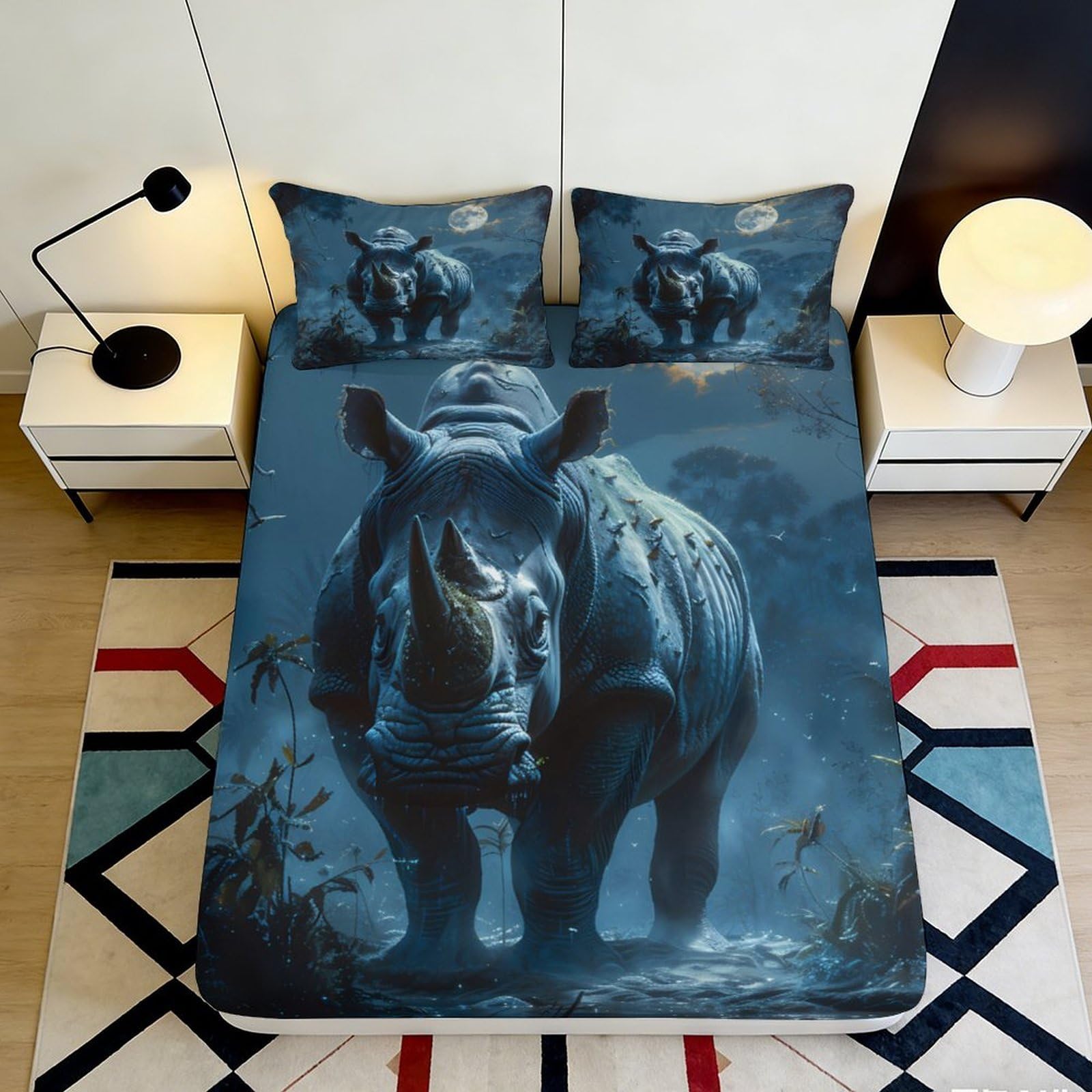 3D Printed Rhino Fitted Sheet Microfiber Deep Pocket Elastic Hem Rhino Mattress Fitted Cover Non-Slip Bedding for Adults Teens 200x200x25cm 90x200x25cm