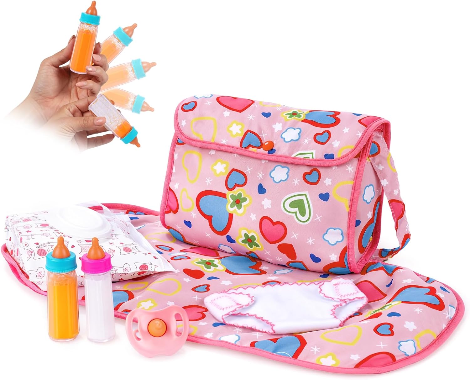 BABESIDE 8 Pcs Baby Diaper Bag Set with Magic Bottles, Baby Doll Accessories Includes Changing Mat, Diaper,Pacifier,Tissue Bag and Bottle with Disappearing Milk for 12-16 inches Dolls