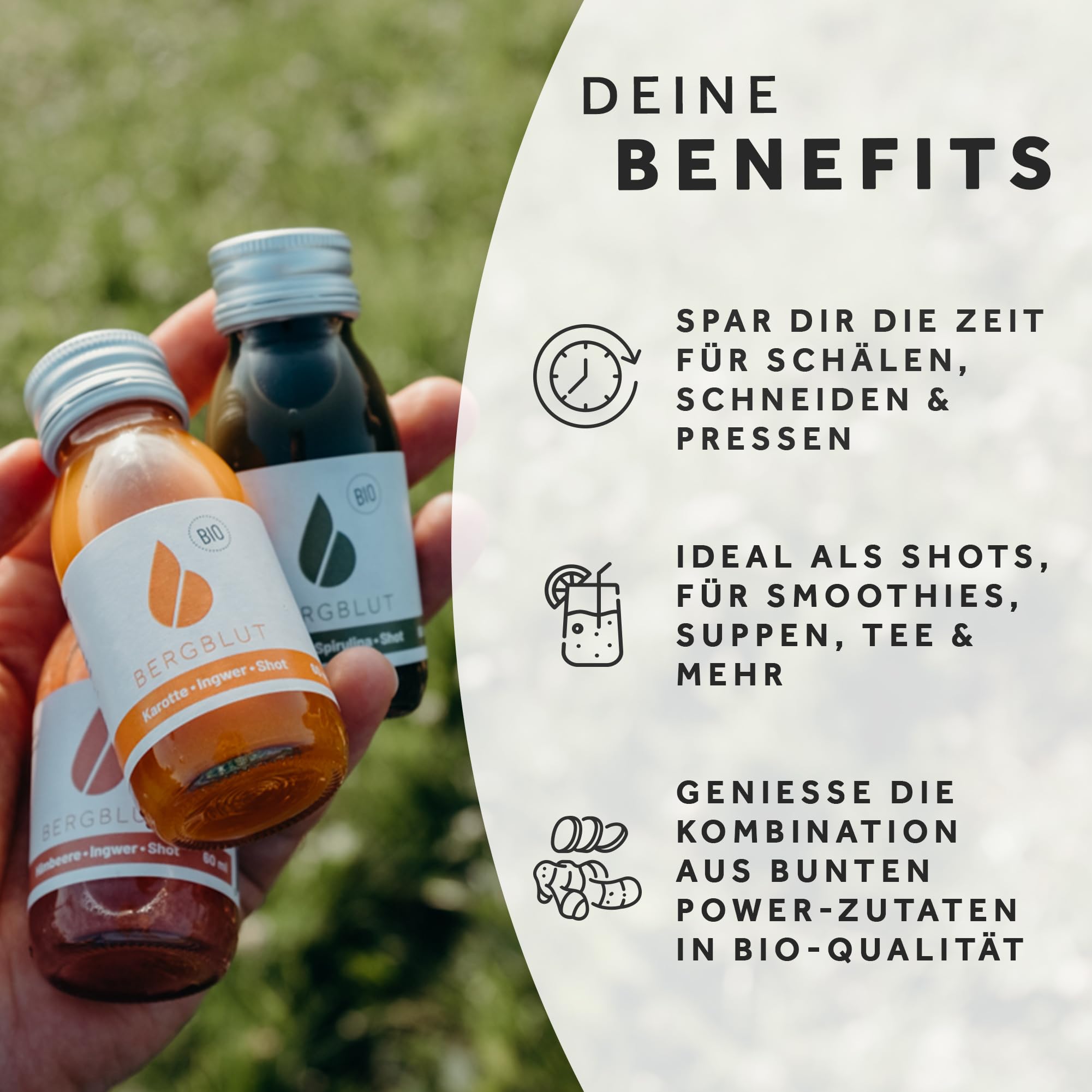 Bergblut Ingwer Shot Mix Box | 7 x 60 ml Bio Shots in verschiedenen Sorten | Direktgepresst & Ohne Zusatzstoffe | Ingwershot Vegan & 100 % natürlich | Saftkur Alternative