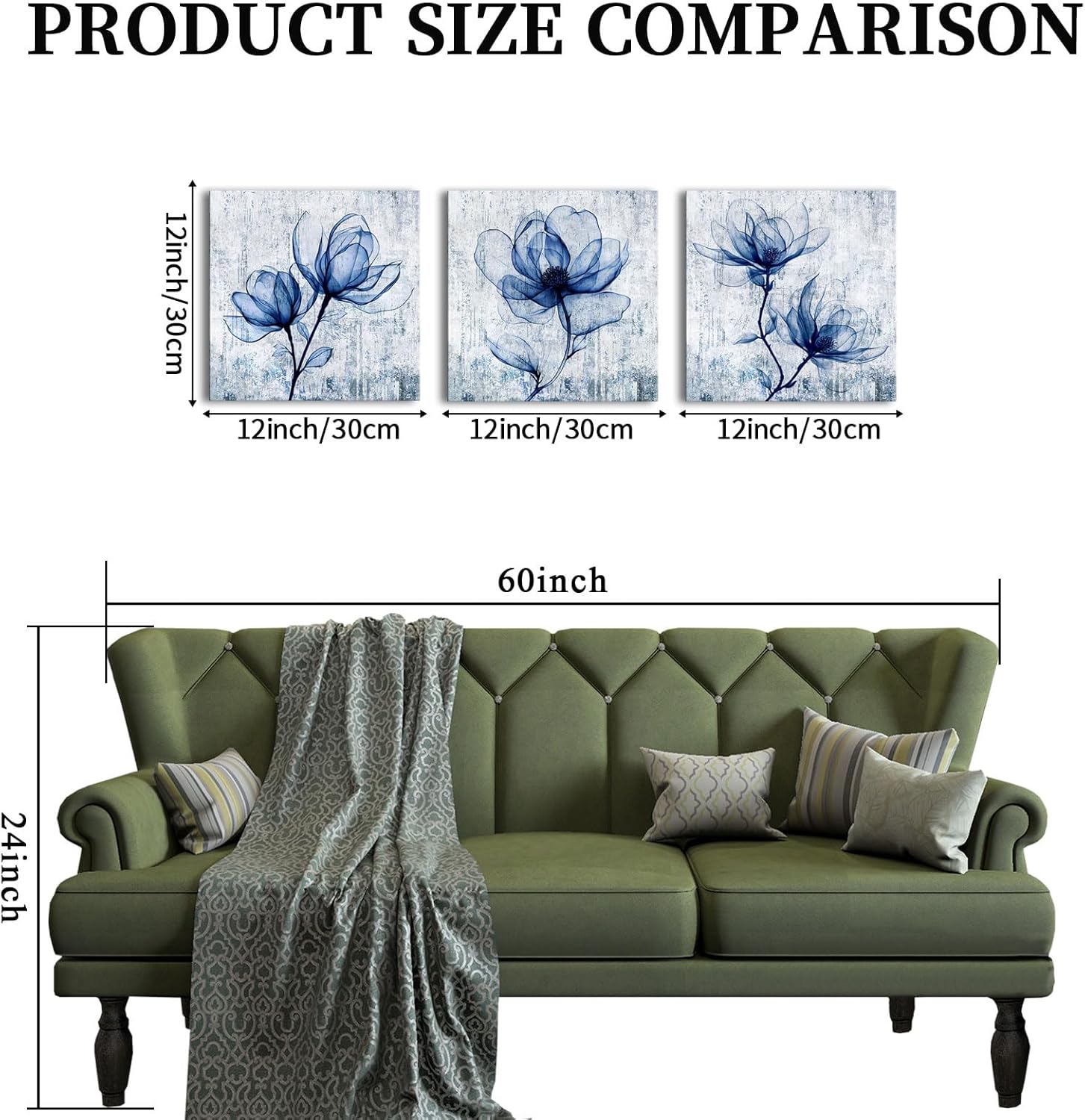 VANSEEING 3 Pieces Floral Wall Art Canvas Prints Vintage Magnolia Flower Navy Blue Wall Decor Botanical Painting Plants Pictures Artwork Decoration for Bathroom Bedroom 12"x12"x3