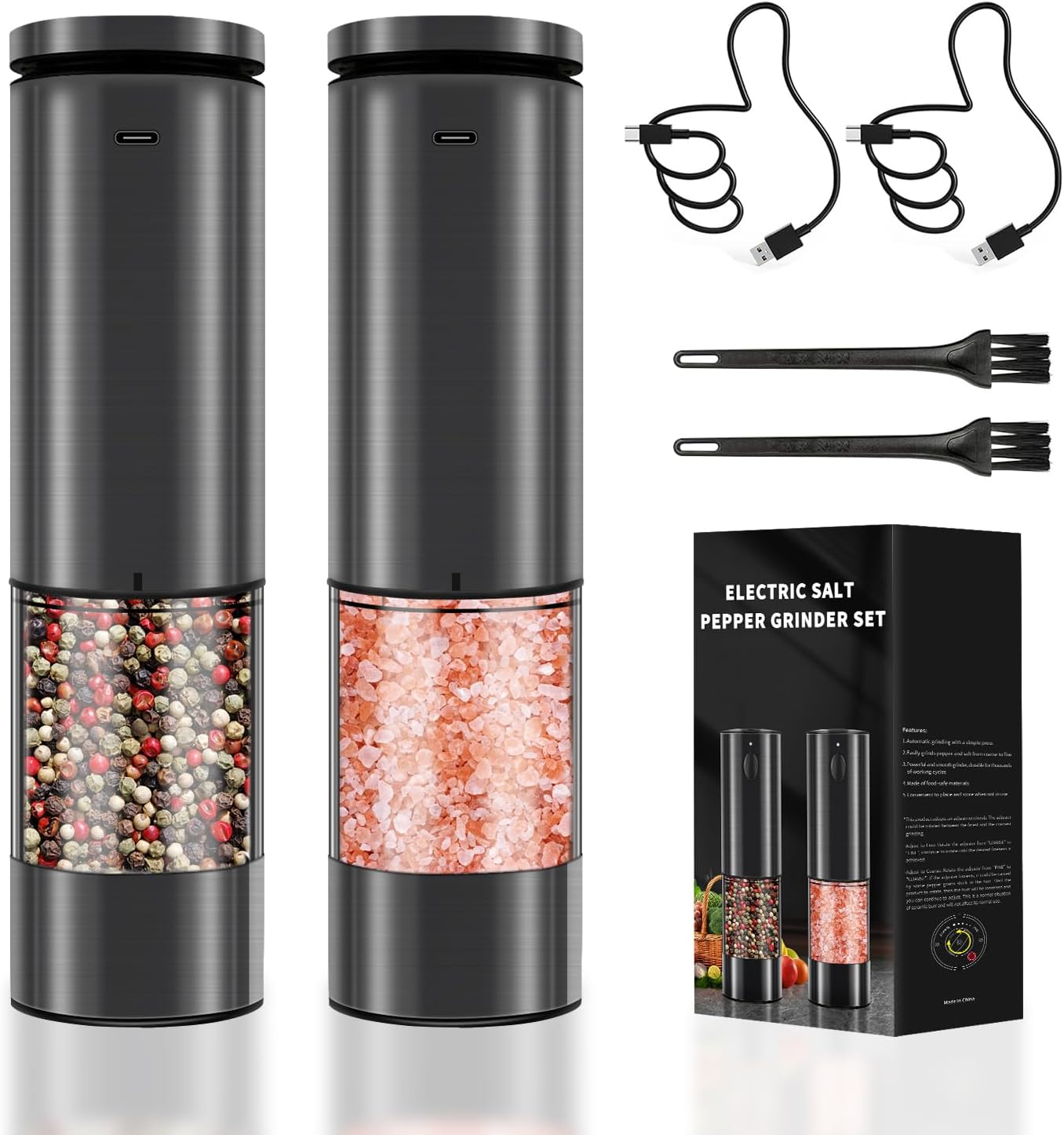 Electric Salt and Pepper Grinder Set Stainless Steel Led Light Automatic One Handed Operation Rechargeable Adjustable Shakers Ceramic Rator 2 Pack Gift for Women Men Birthday Mom Day