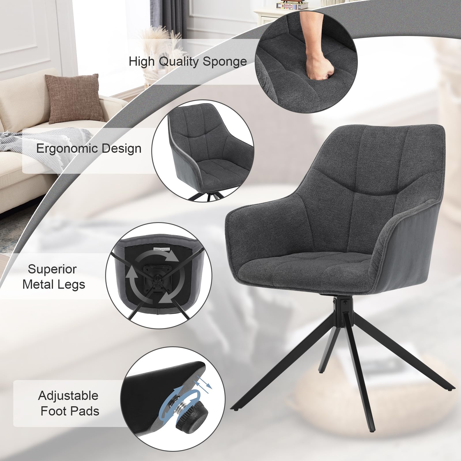 WOLTU Esszimmerstühle drehbar 2er Set, für Esszimmer Wohnzimmer Küche, Küchenstühle gepolstert mit Armlehnen, Metallbeinen, aus Chenille & Cord, Dunkelgrau