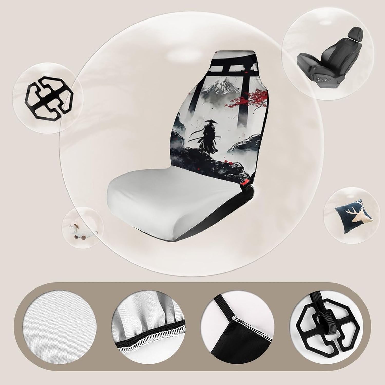 Japanese Samurai Landscape Car Seat Covers for Women Men Universal Auto Front Seats Protector Fits for Car SUV Sedan Truck Automotive Seat Covers Set of 2