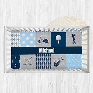 Personalized Golf Theme Baby Crib Sheets with Name, Custom Plaid Fitted Crib Bedding Sheets for Baby Boys, Baby Boy Bedding Sets, Standard Crib Mattress Sheets, Name Crib Sheets