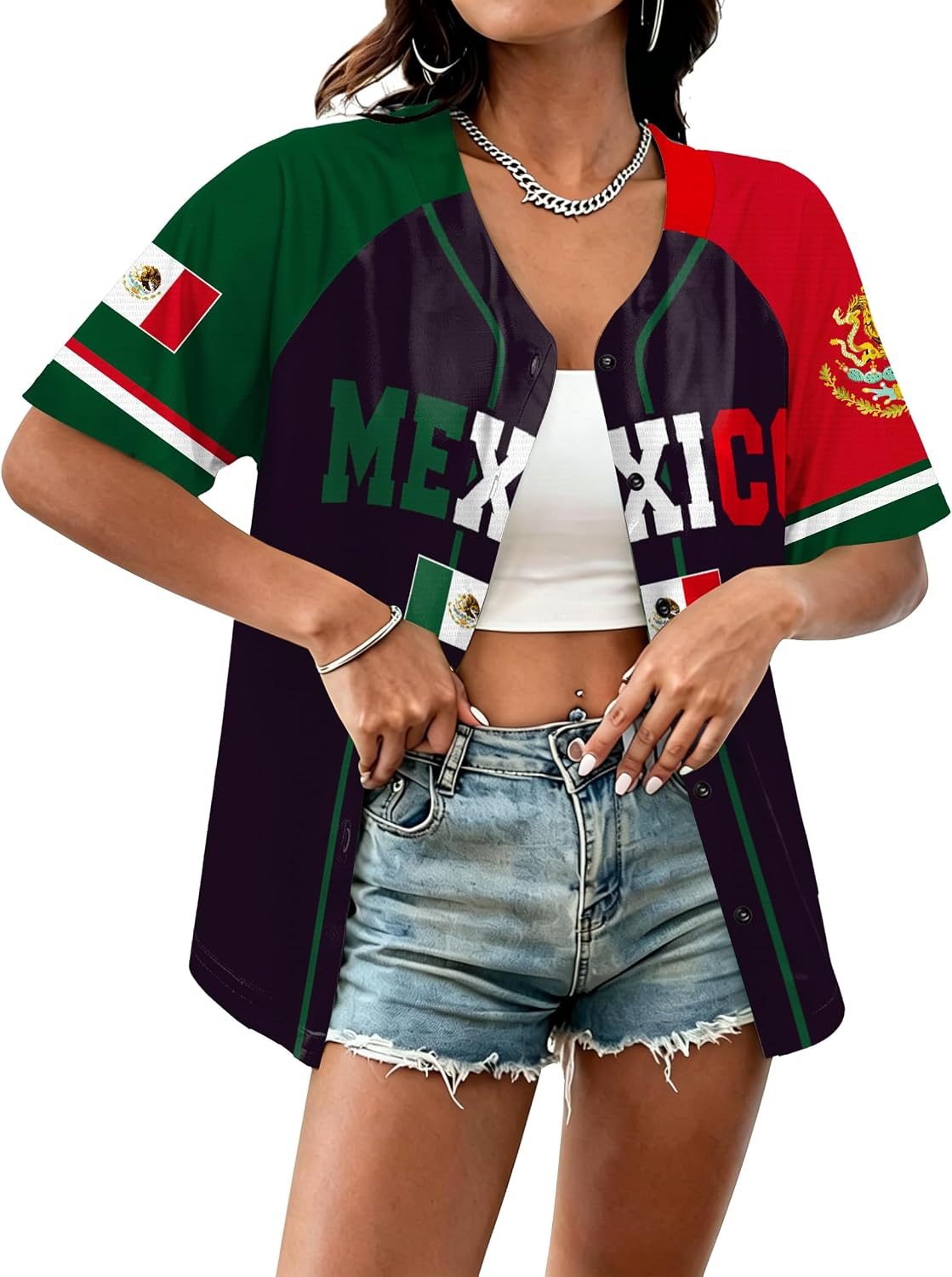 LAZYCHILD Mexico Jersey for Women Mexico Shirt Mexican Flag Button Down Top
