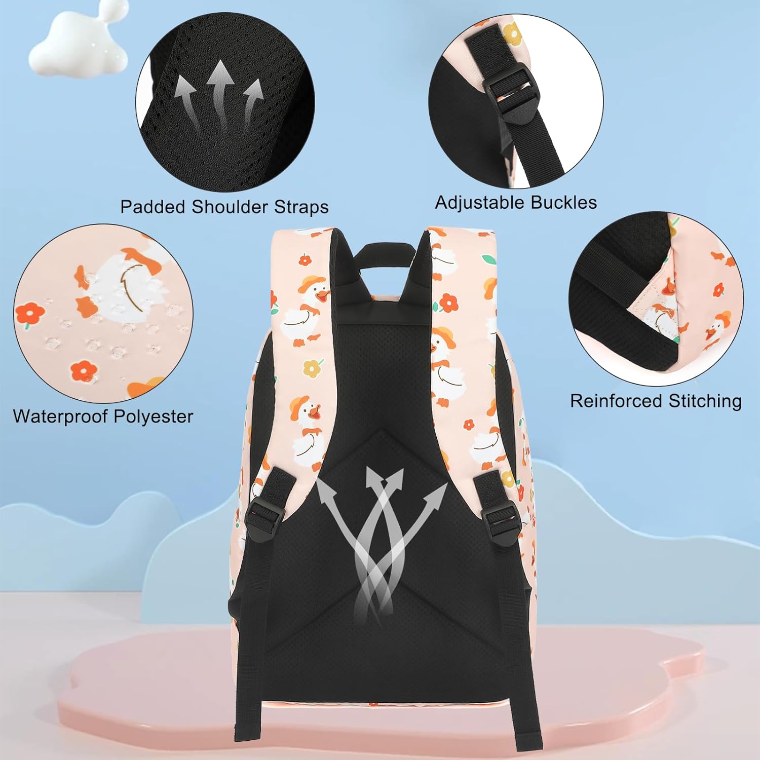 Duck School Backpack for Girls, 3Pcs Waterproof Lightweight Kids Student Backpacks with Lunch Bag and Pencil Case